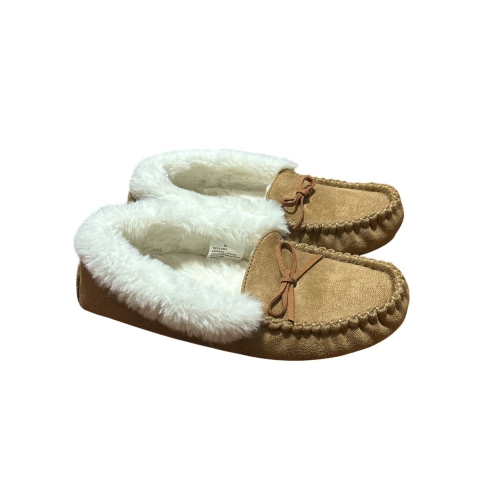 Talbots Faux Fur Lined Moccasin Slippers House Shoes Tan Suede Womens 8M